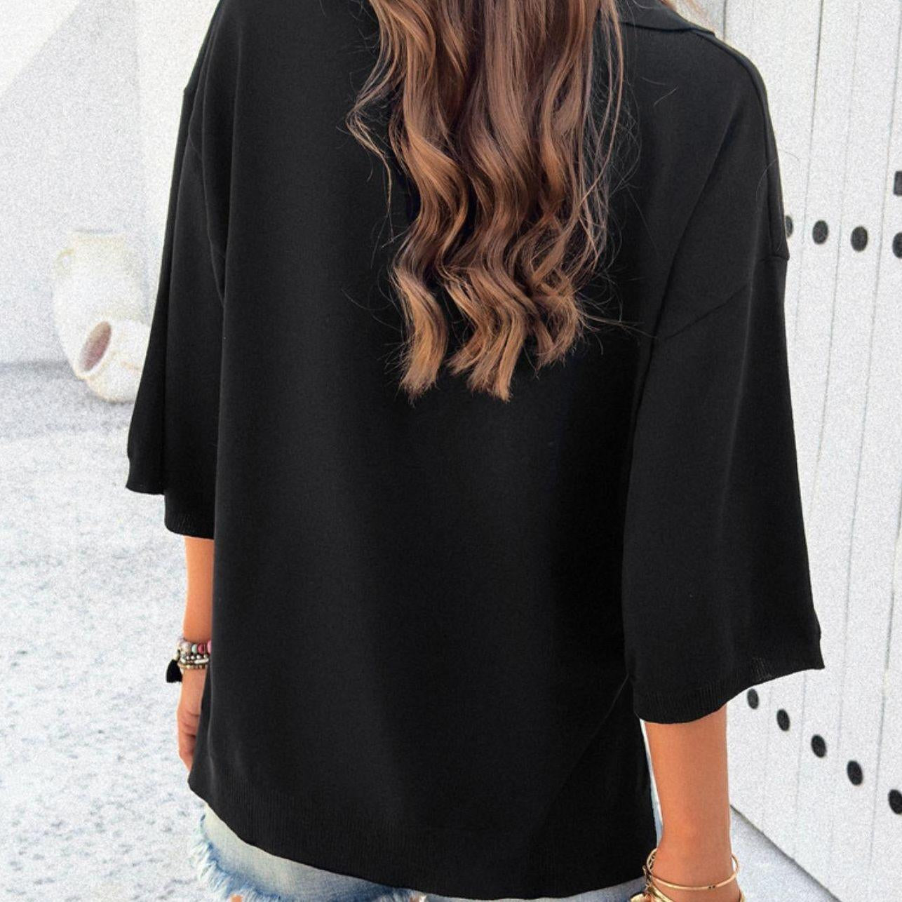 Women's Minimalist Fashion Polo Collar Knit Top - 3/4 Sleeve, V-Notch, Side Split, Lightweight Loose Basic Fabric Casual Blouse for Daily Wear