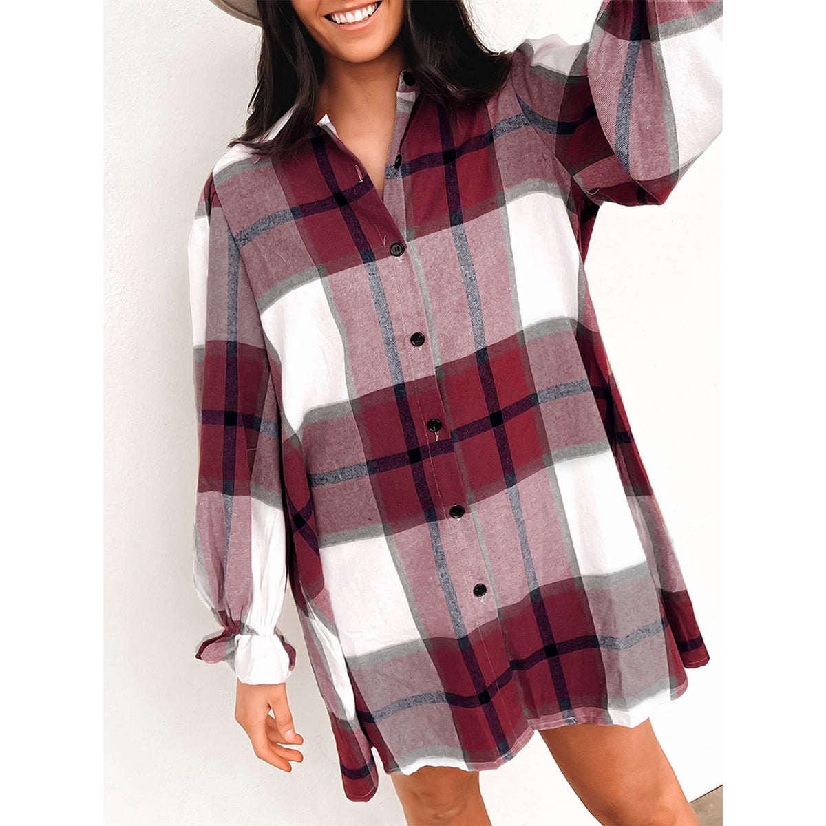 Women's Long Sleeve Flannel Plaid Button Down Shirts Lapels Casual Blouse