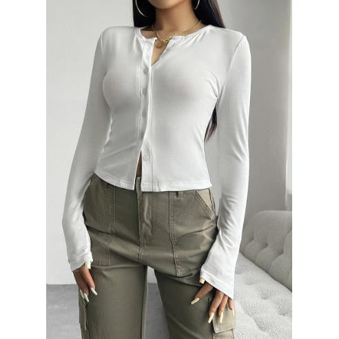 Women's Henley Neck Button-Down Long-Sleeve Cropped Blouse