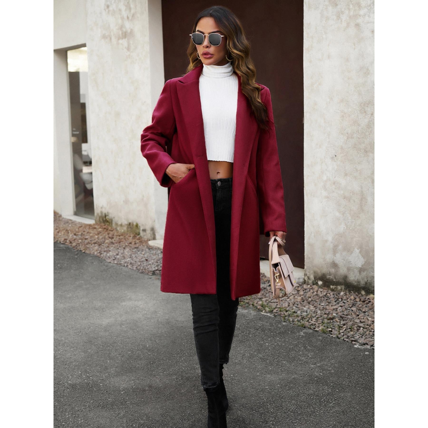 Women Lapel Open Front Mid Length Wool Blend Coat, Elegant Long Sleeve Casual Outerwear for Fall Winter, 2 Colors Wine Red / Black