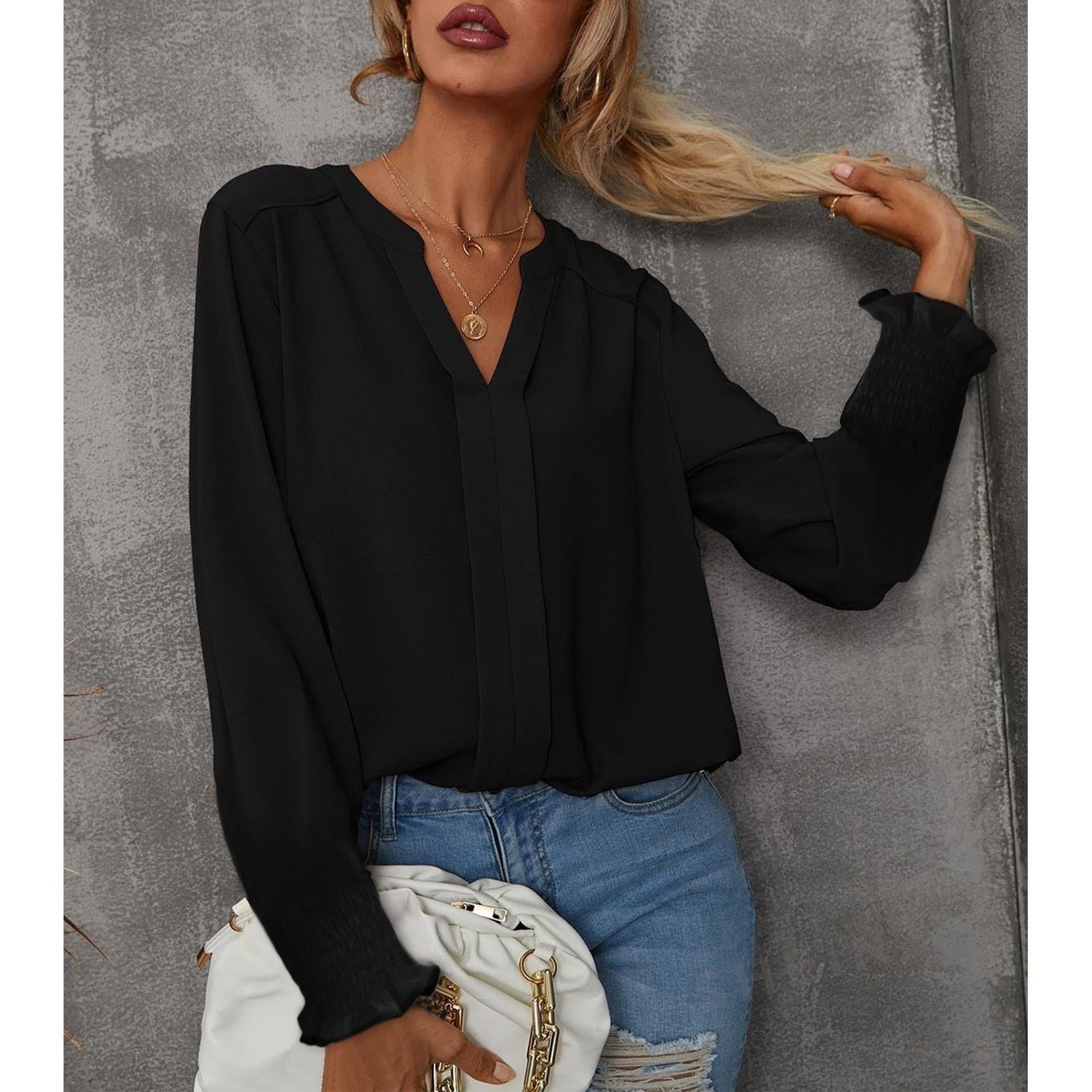 Women's V Neck Chiffon Blouse, Long Sleeve Smocked Cuff Flowy Casual Work Top, Loose Fit Dressy Shirts for Women