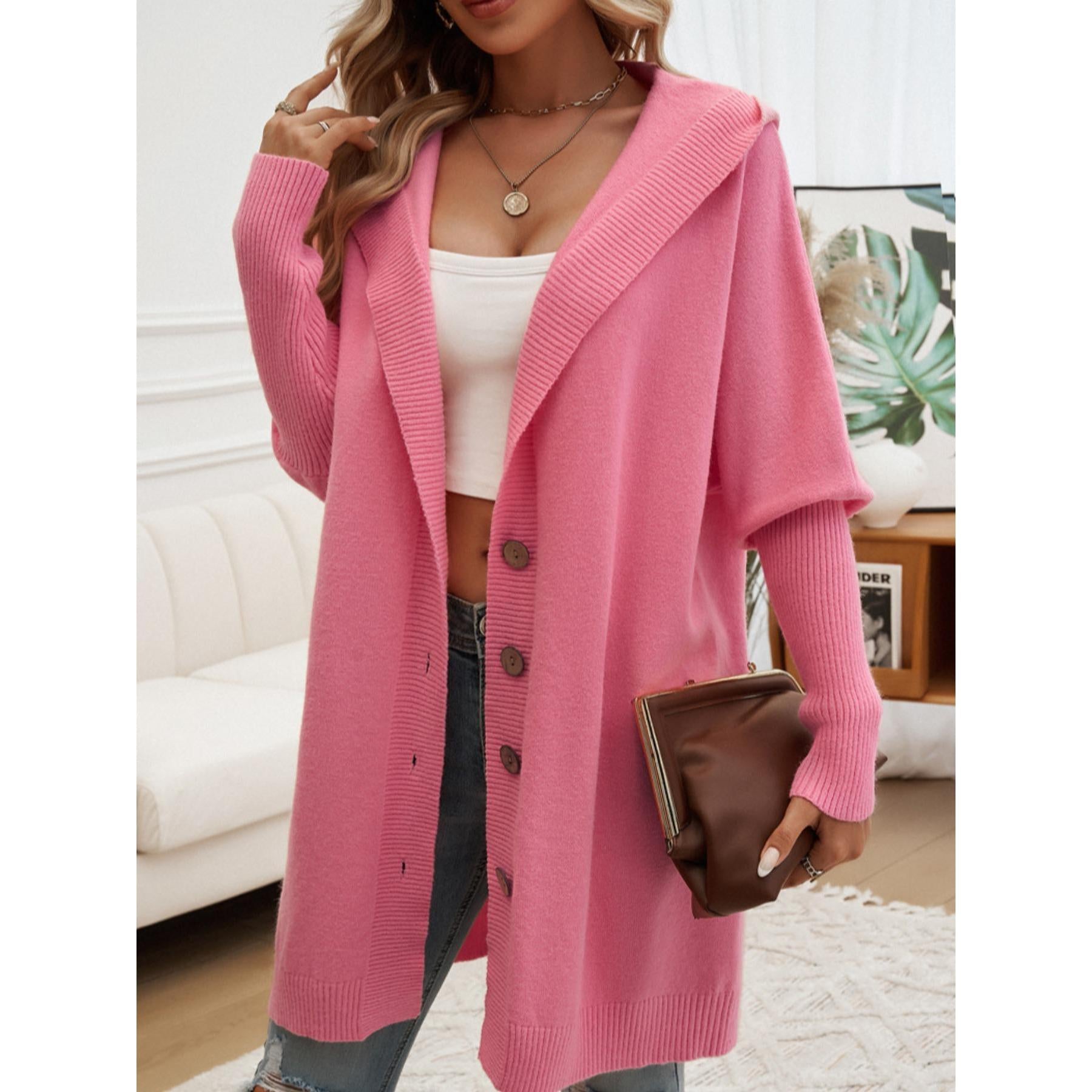 Women Oversized Hooded Long Knit Cardigan, Button Front Batwing Sleeve Casual Sweater Coat, Fall Winter Loose Outerwear