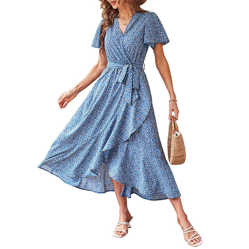 Women's Fitted V-Neck Floral Wrap Casual Midi Dress - Flutter Short Sleeves, Tie Waist, Irregular Ruffle Hem, Gorgeous Bohemian Fabric for Summer Beach Wear