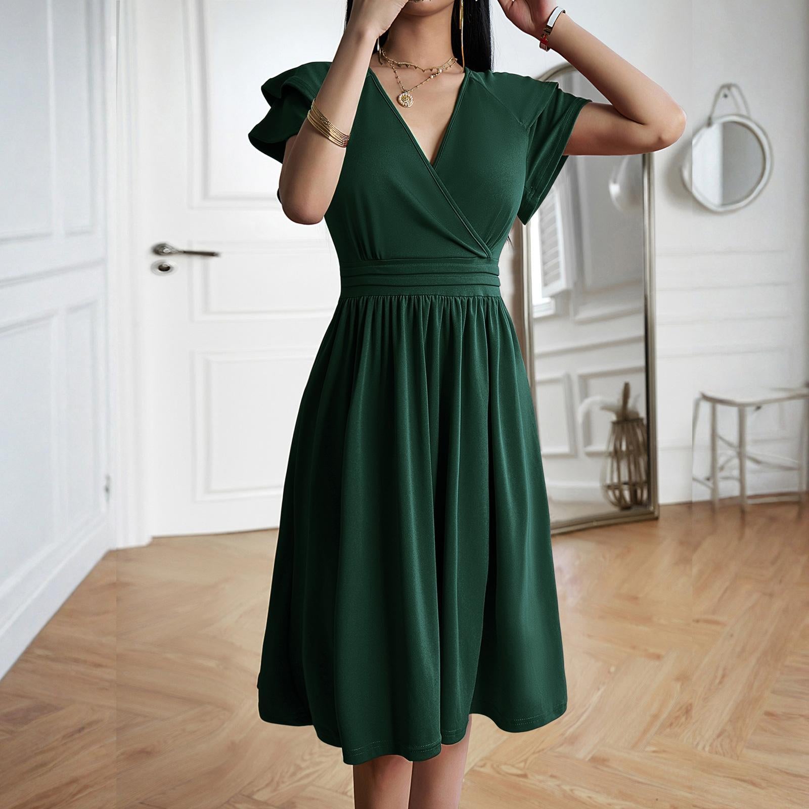 Women's Minimalist Soft Wrap V-Neck Ruffle Sleeve High-Waist Flared A-Line Midi Dress - Solid Color Elegant Chic Casual Wear Cocktail Dress with Hip-Flattering Skirt