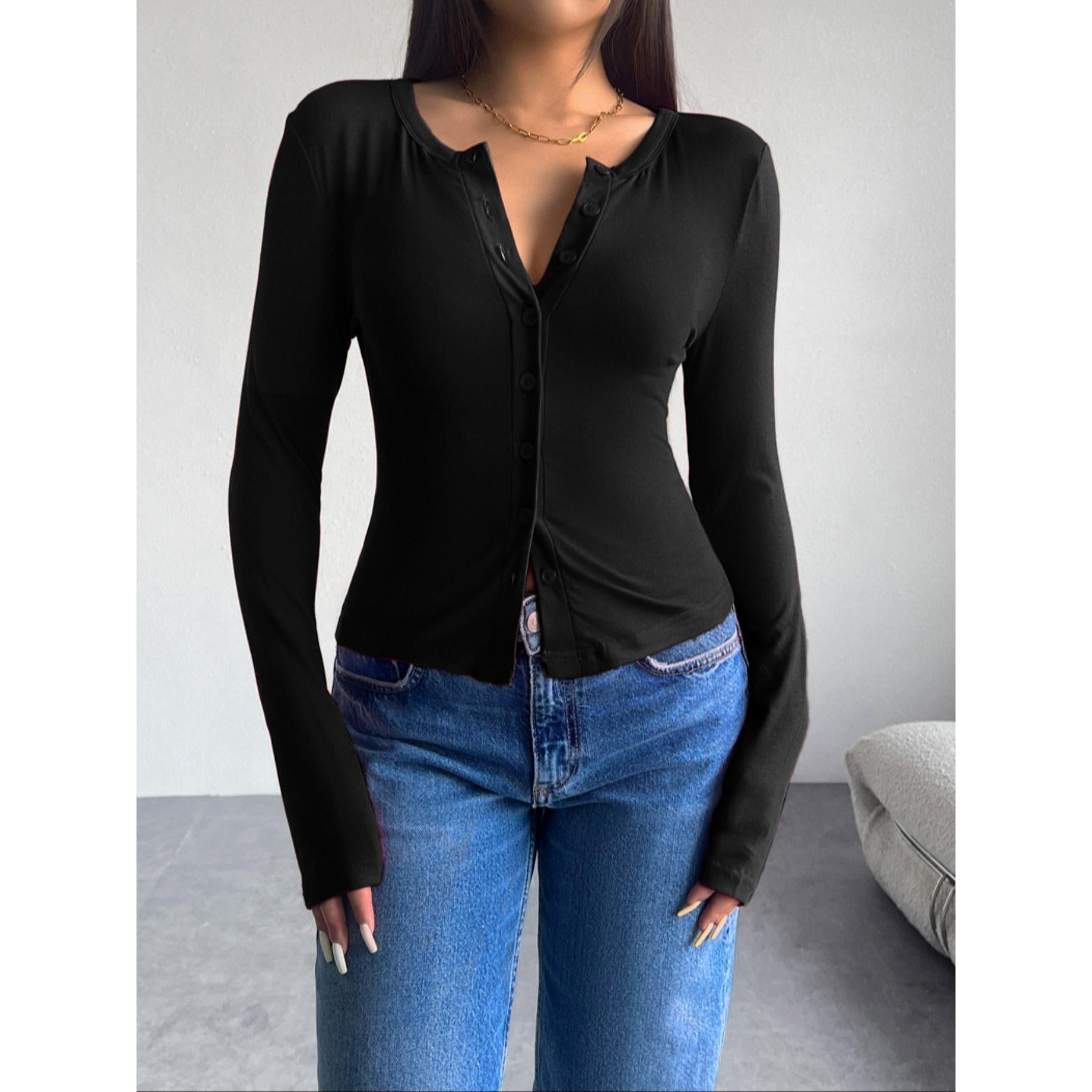 Women's Henley Neck Button-Down Long-Sleeve Cropped Blouse