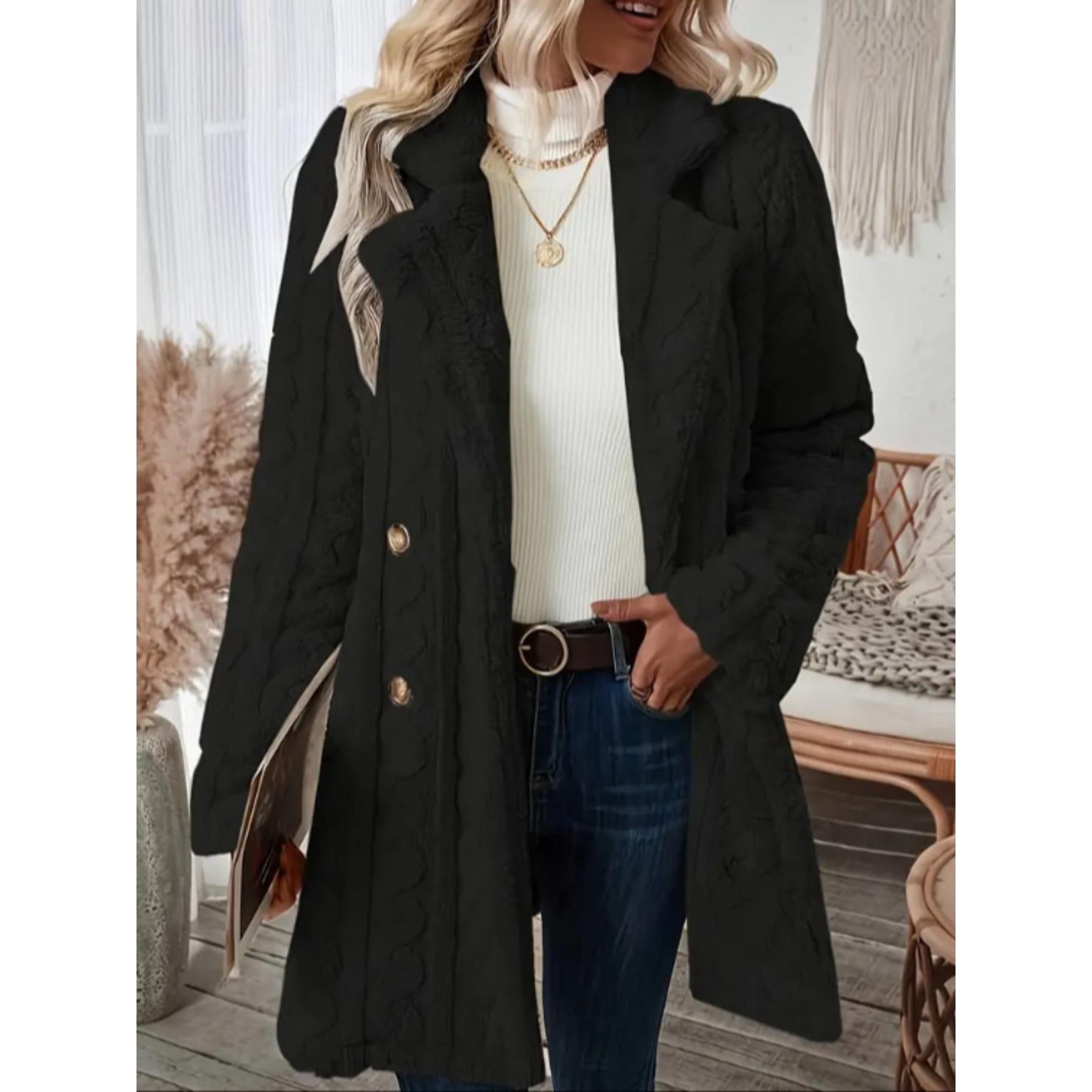 Women's Vintage Cable Knit Warm Plush Mid-Length Coat - Lapel, Double Breasted, 2-Button, Full Sleeves, Casual Winter Outerwear, Buttoned Women's Fleece Jackets (Vintage Clothing)