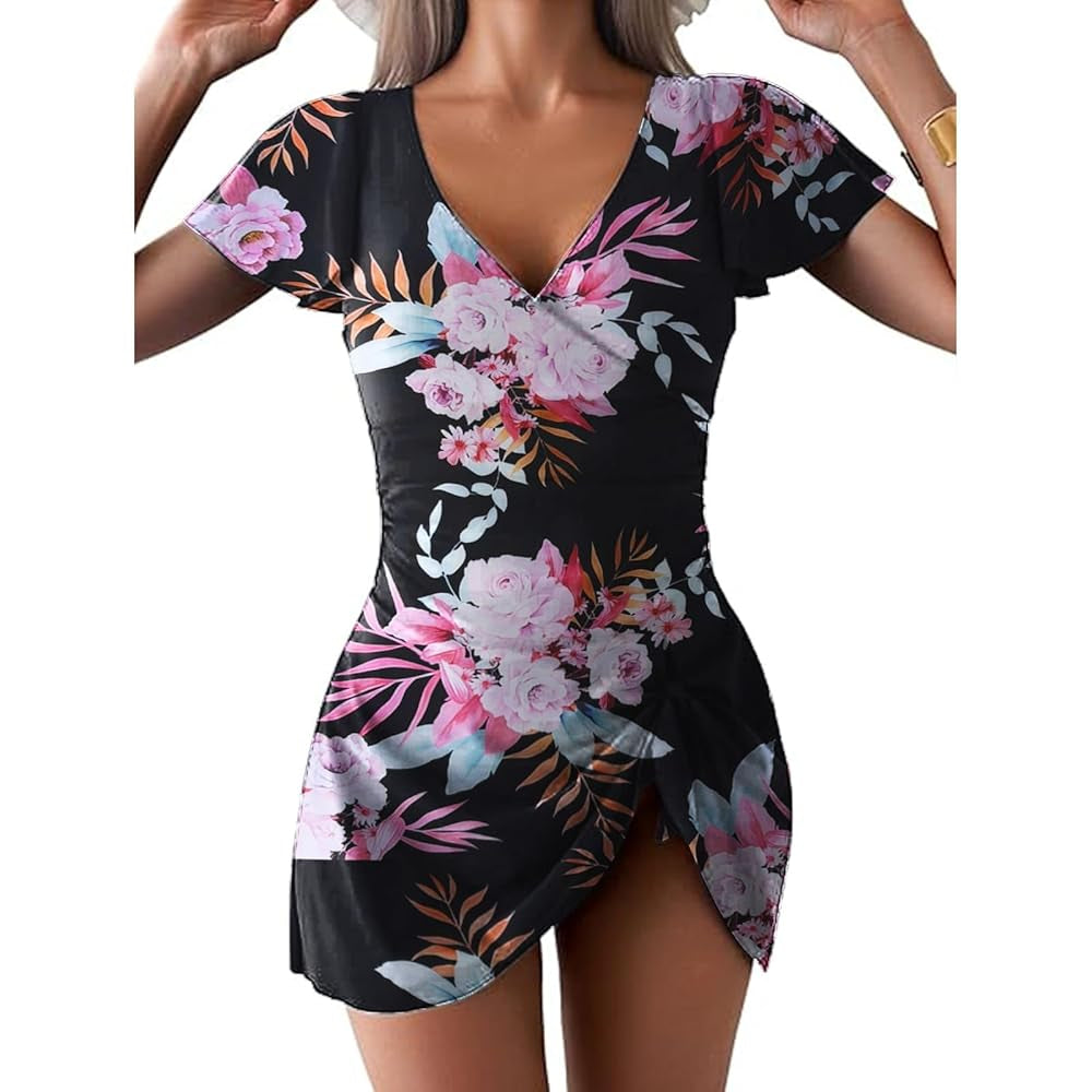 Women's V-Neck Flounce Short-Sleeve Tummy-Control Ruched-Waist Modest 1-Piece Swim Dress, Swimsuit for Women, Ideal for Beach & Pool