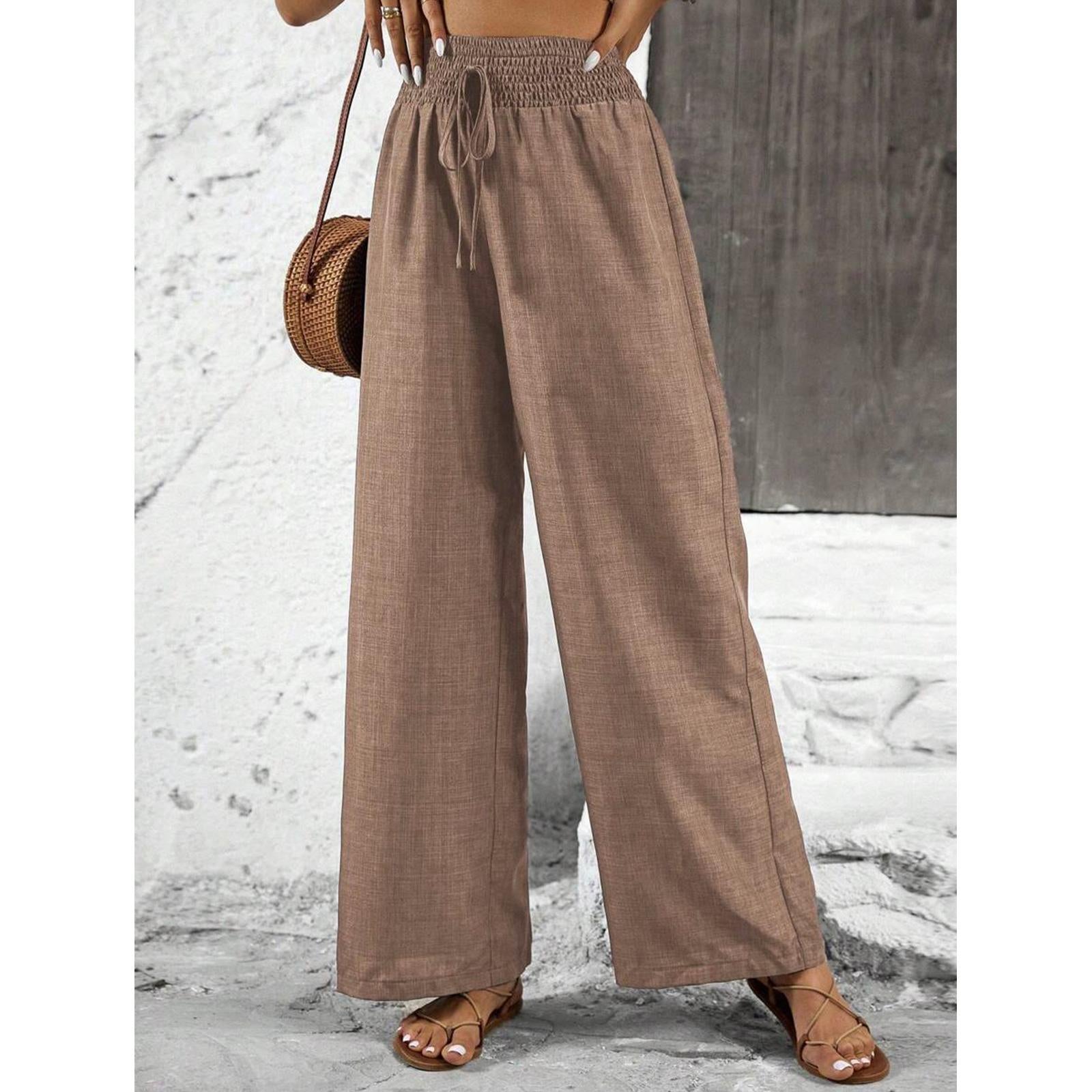 Women's Elastic High Waist Breathe-Fabric Wide Leg Pants - Adjustable Drawstring, Flowing Cut Casual Outfits Women Summer Beach Trousers