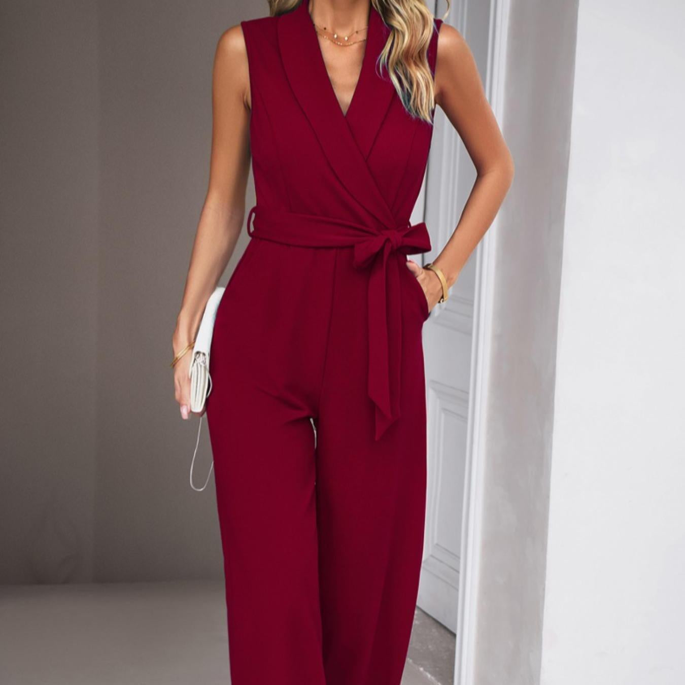 Women's Collared Neck Sleeveless Long Elastane Solid Overalls - Minimalist Classic Casual Chic Comfortable Business Jumpsuit, Spring-Summer Commuting Workwear Essential