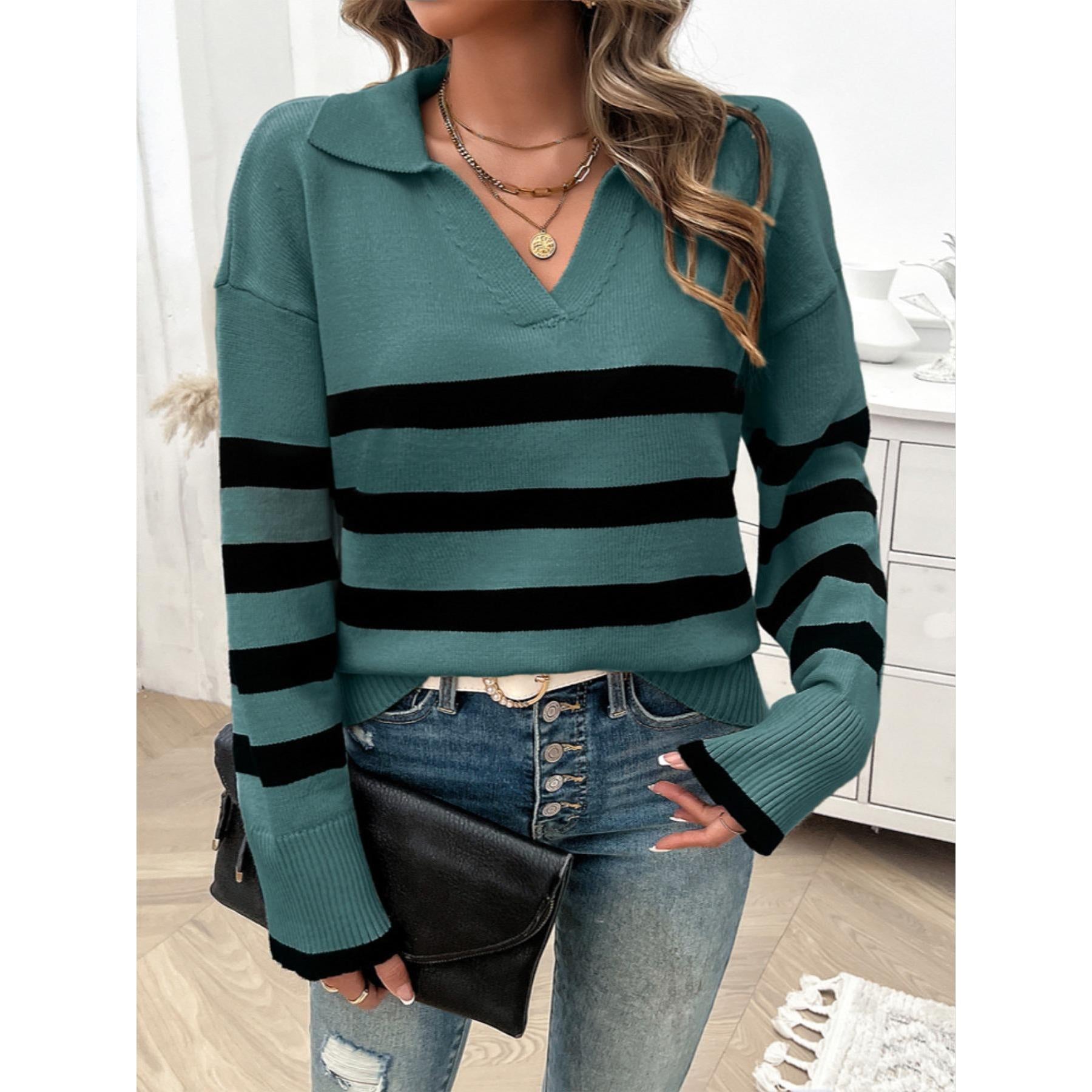 Women's Soft Ribbed Striped Polo Collar V-Neck Long-Sleeve Loose Drop-Shoulder Casual Pullover Tops - Fall Winter Sweaters, Striped Sleeve Pullovers
