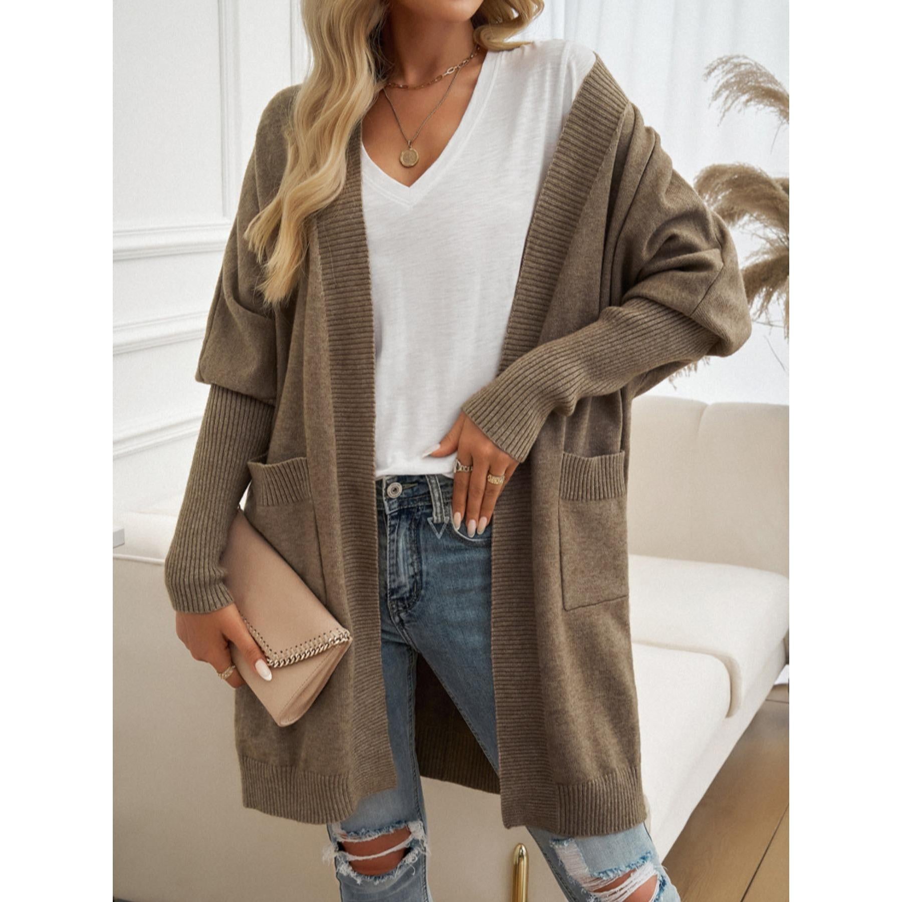 Women Long Open Front Knit Cardigan, Oversized Batwing Sleeve Sweater Coat with Pockets, Casual Loose Mid-Length Outerwear for Fall Winter