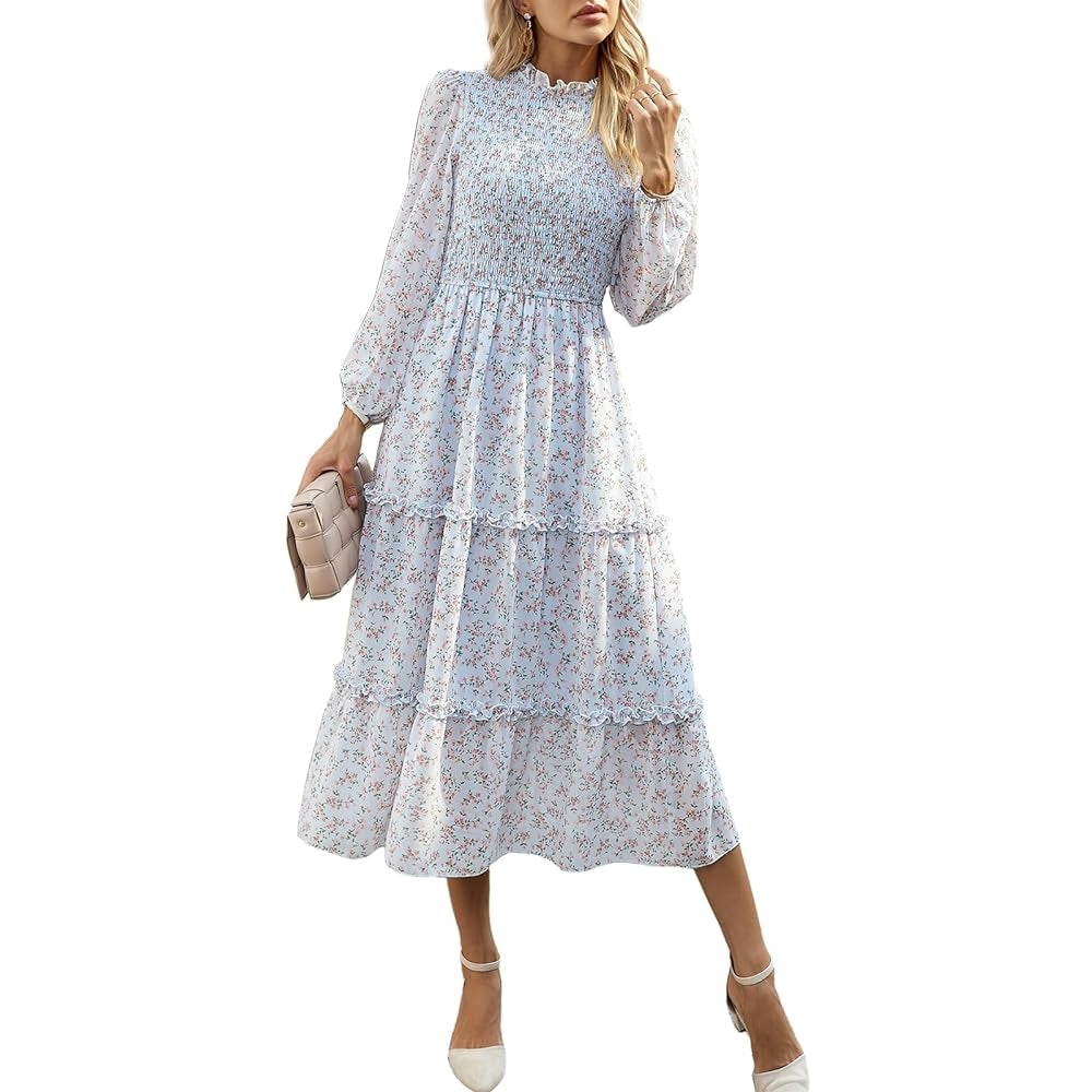 Women's Ditsy Floral Chiffon Midi Dress, Long Sleeve High Neck Smocked Tiered Ruffle Flowy Boho Dress for Spring Fall