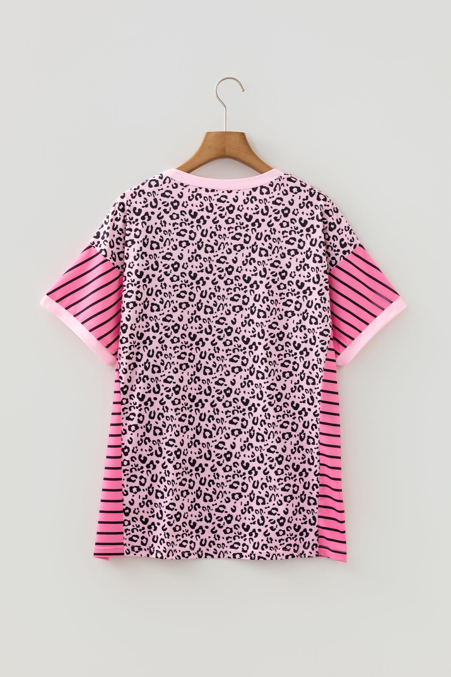 Pink Leopard Striped Patchwork Side Slit Loose Short Sleeve Top