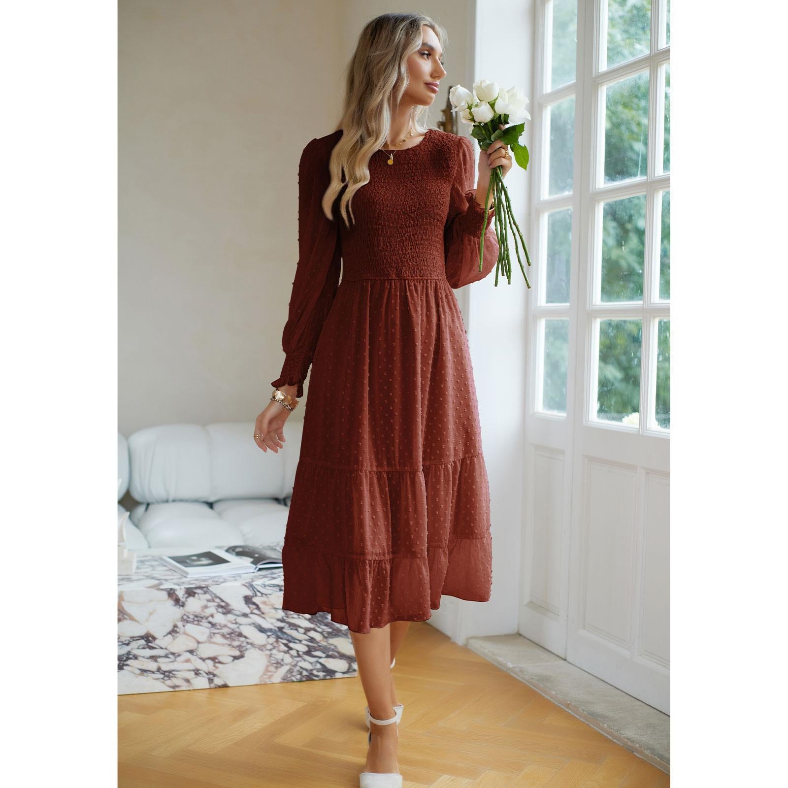 Women's Swiss Dot Long Sleeve Midi Dress - Round Neck Smocked Bodice, Tiered Flowy A-Line, Elastic Fabric, Feminine Balloon Casual Wear Dress