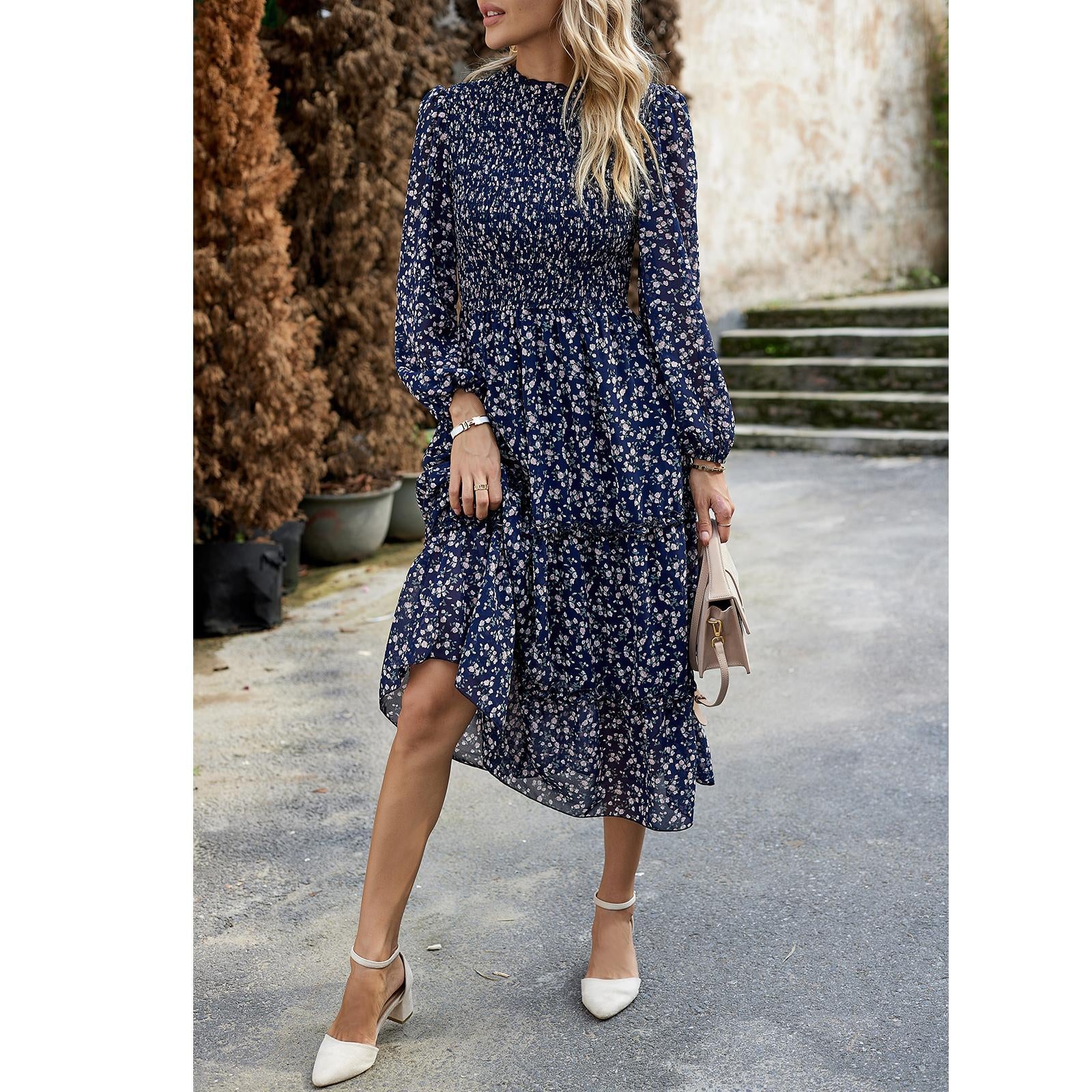 Women's Ditsy Floral Chiffon Midi Dress, Long Sleeve High Neck Smocked Tiered Ruffle Flowy Boho Dress for Spring Fall