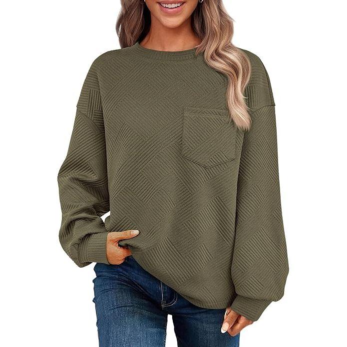 Women's Simple Soft Woven Geometric Jacquard Fabric Crew Neck Sweatshirt - Loose Drop Shoulder Long Sleeve Pullover with Ribbed Details, Casual Fall Basic Top