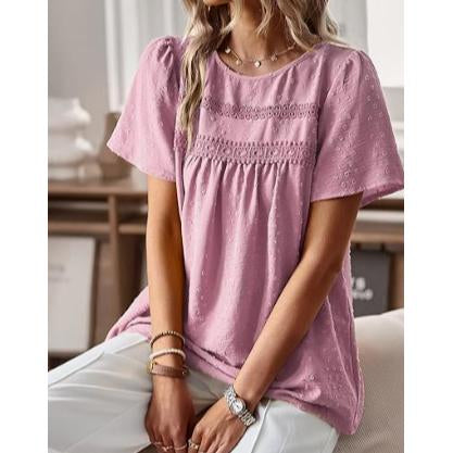 Women Swiss Dot Lace Tunic Top, Round Neck Puff Short Sleeve Loose Flowy Boho Blouse Casual Summer Shirt