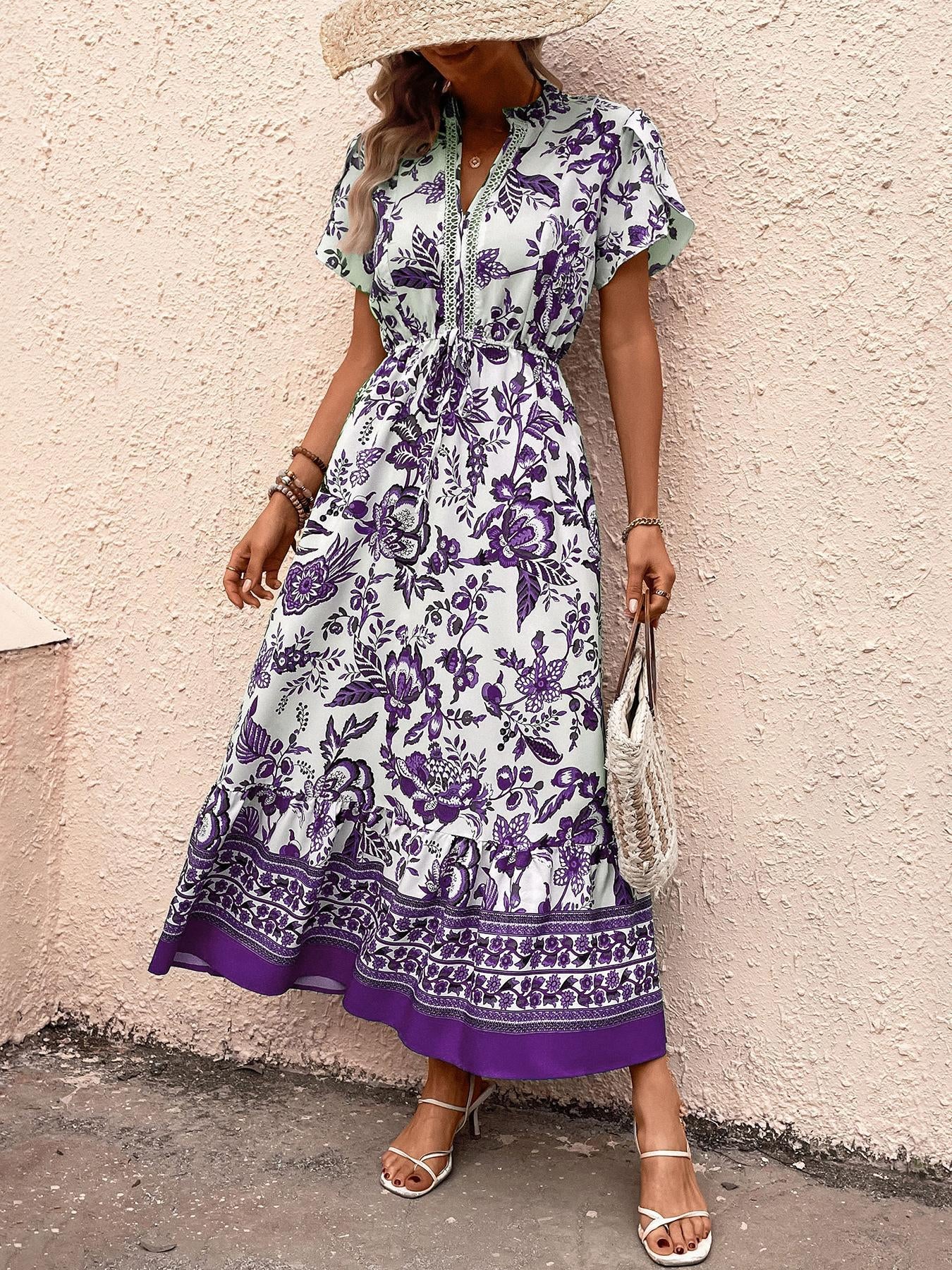 Women's Polyester Boho Floral Graphic Casual Dress - Short Sleeve, V-Neck, Adjustable Waist, Ruffle Hem - Summer Vacation Wear, Floral Graphic Casual Dresses