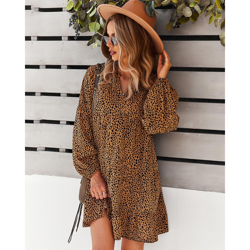 Women's Soft Lightweight Feminine Elastic Bohemian Leopard Speckled Print Long Lantern Sleeve V-Neck Tiered Ruffle Mini Dress - Comfortable Fit, Hip-Loose Flowy Tunic, Casual Wear for Day, Vacation