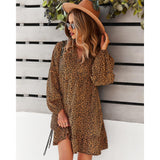 Women's Soft Lightweight Feminine Elastic Bohemian Leopard Speckled Print Long Lantern Sleeve V-Neck Tiered Ruffle Mini Dress - Comfortable Fit, Hip-Loose Flowy Tunic, Casual Wear for Day, Vacation