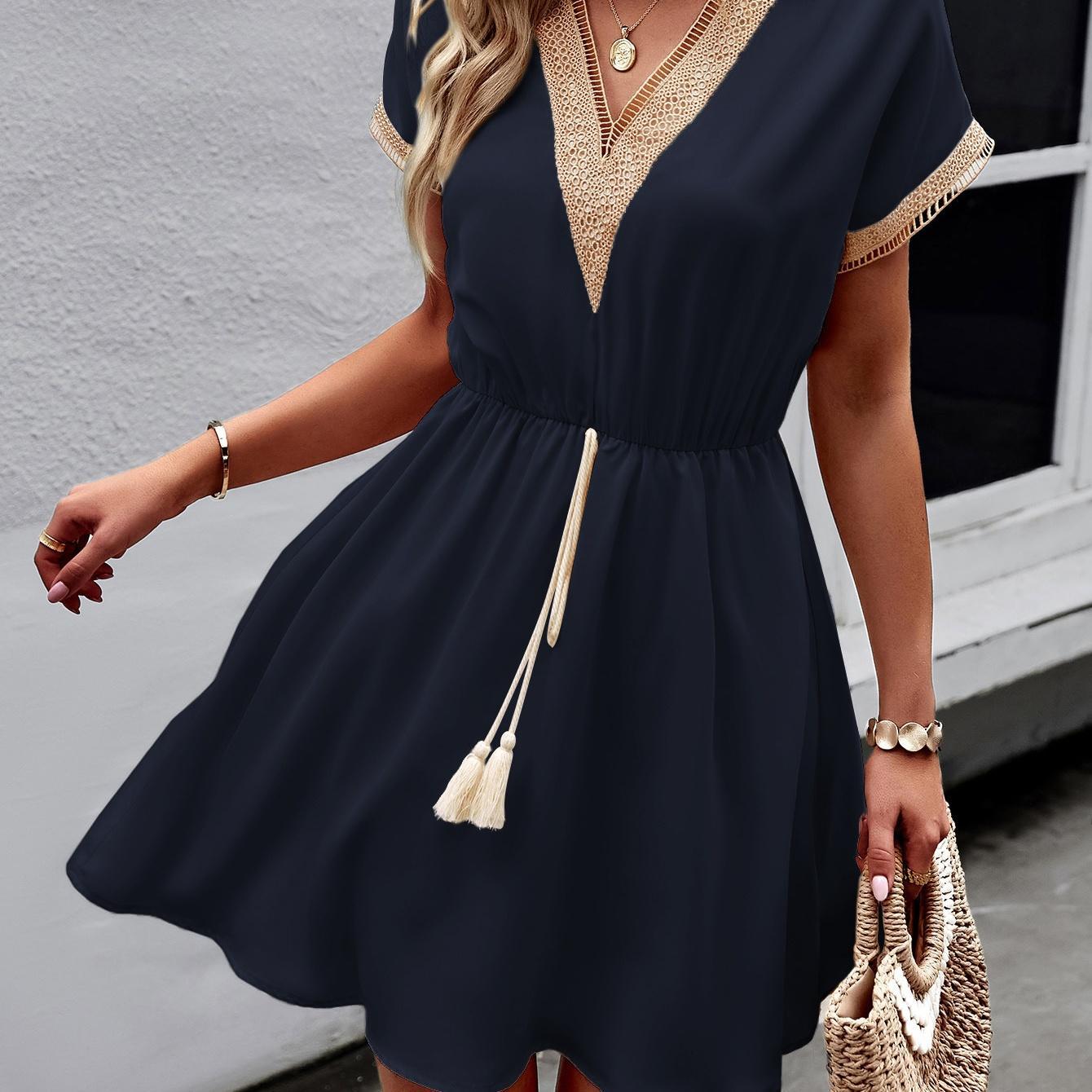 Women's Bohemian Casual Dress - Short Sleeve, Hollow Lace Trim, Tassel Drawstring Waist, Flowy, Elastic, Lightweight, Breathable, Casual Wear, Boho Style Outfit for Beach