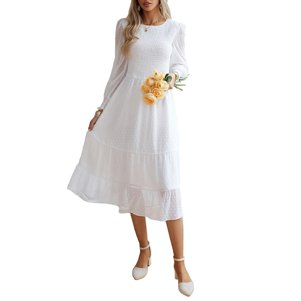 Women's Swiss Dot Long Sleeve Midi Dress - Round Neck Smocked Bodice, Tiered Flowy A-Line, Elastic Fabric, Feminine Balloon Casual Wear Dress