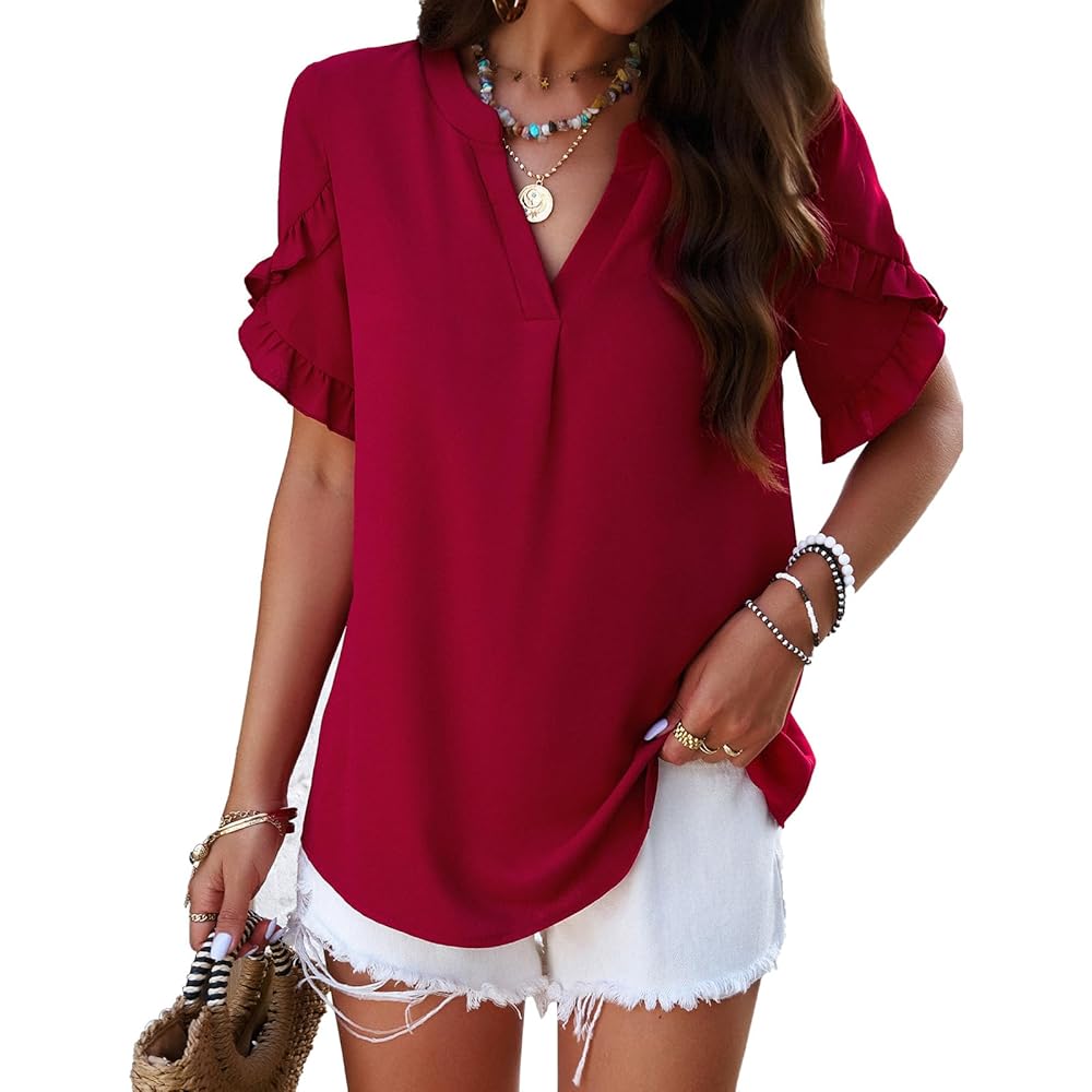 Women Split V Neck Ruffle Short Sleeve Blouse, Loose Flowy Solid Color Summer Chiffon Tunic Top Casual Stand Collar Shirt
