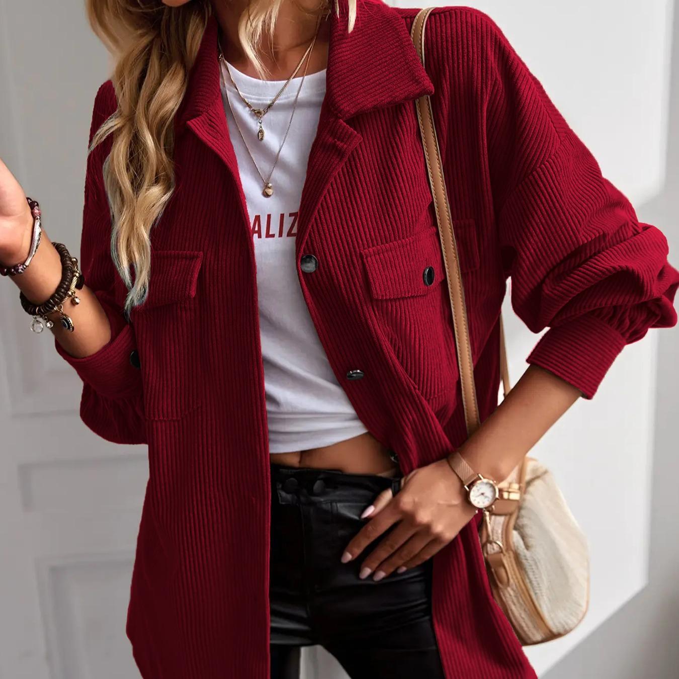 Women's Basic Plain Long Corduroy Shirt Jacket Coats - Collared Neck, Button-Down, Elegant Cuff Sleeves, Comfortable Loose Fit, Tops for Women, Office & Casual Commuter Outerwear with Elegance & Style