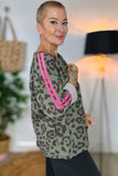 Green Leopard Print Varsity Striped Trim Long Sleeve Top