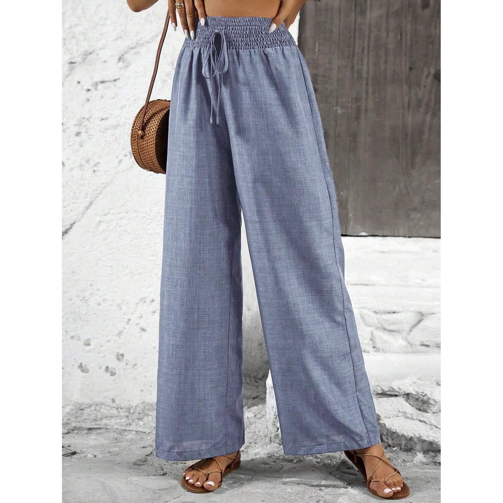 Women's Elastic High Waist Breathe-Fabric Wide Leg Pants - Adjustable Drawstring, Flowing Cut Casual Outfits Women Summer Beach Trousers