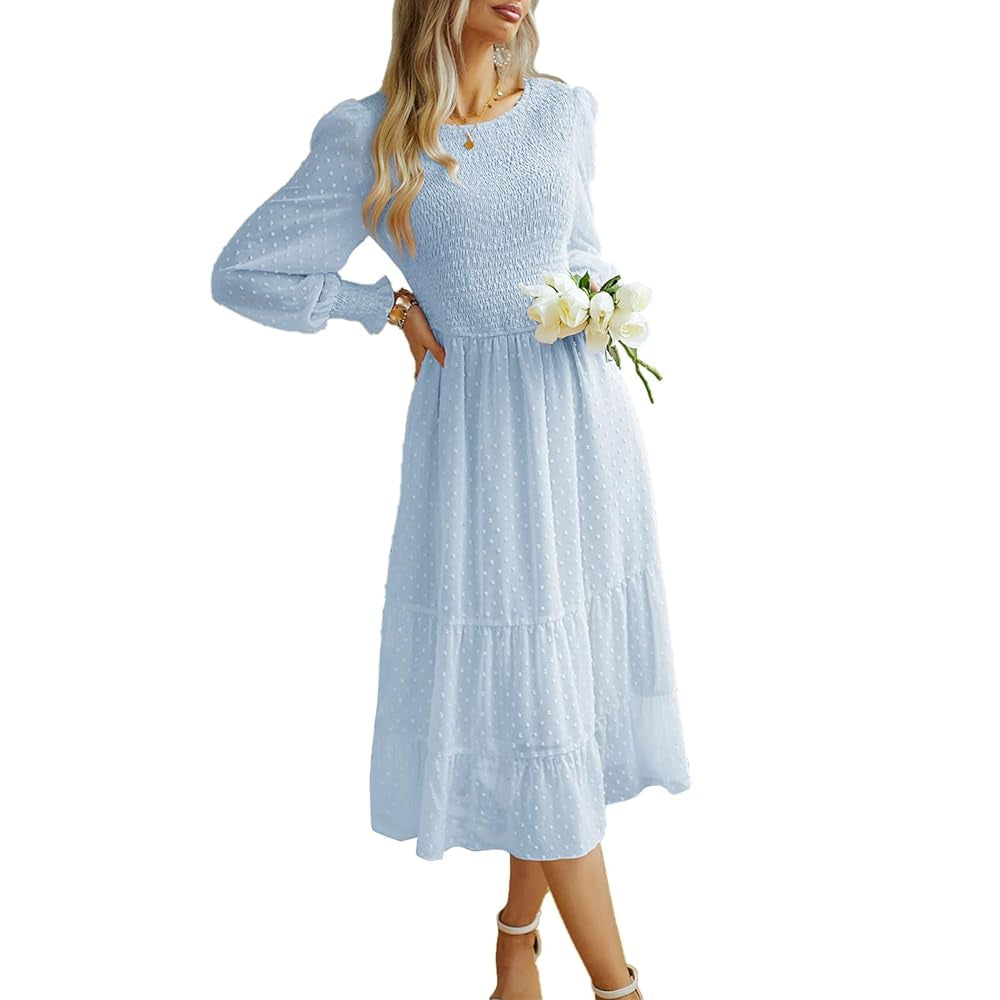 Women's Swiss Dot Long Sleeve Midi Dress - Round Neck Smocked Bodice, Tiered Flowy A-Line, Elastic Fabric, Feminine Balloon Casual Wear Dress