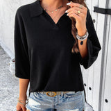 Women's Minimalist Fashion Polo Collar Knit Top - 3/4 Sleeve, V-Notch, Side Split, Lightweight Loose Basic Fabric Casual Blouse for Daily Wear