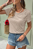 Smoke Gray Solid Color Lace Patched Detail Round Neck Tee