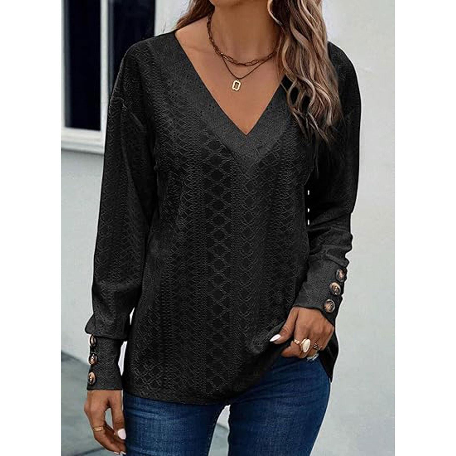 Women's V Neck Long Sleeve Eyelet Hollow Out Top, Decorative Button Cuff Loose Casual Solid Color Blouse