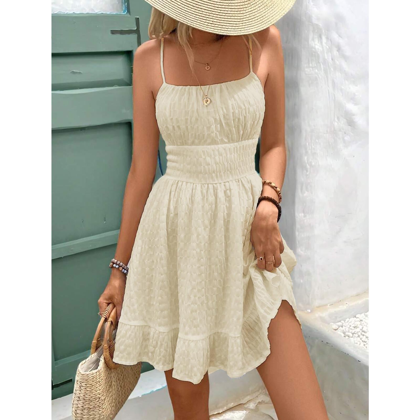Women Square Neck Spaghetti Strap Mini Dress, Smocked Waist Textured Ruffle Hem A-line Summer Sundress for Beach Vacation