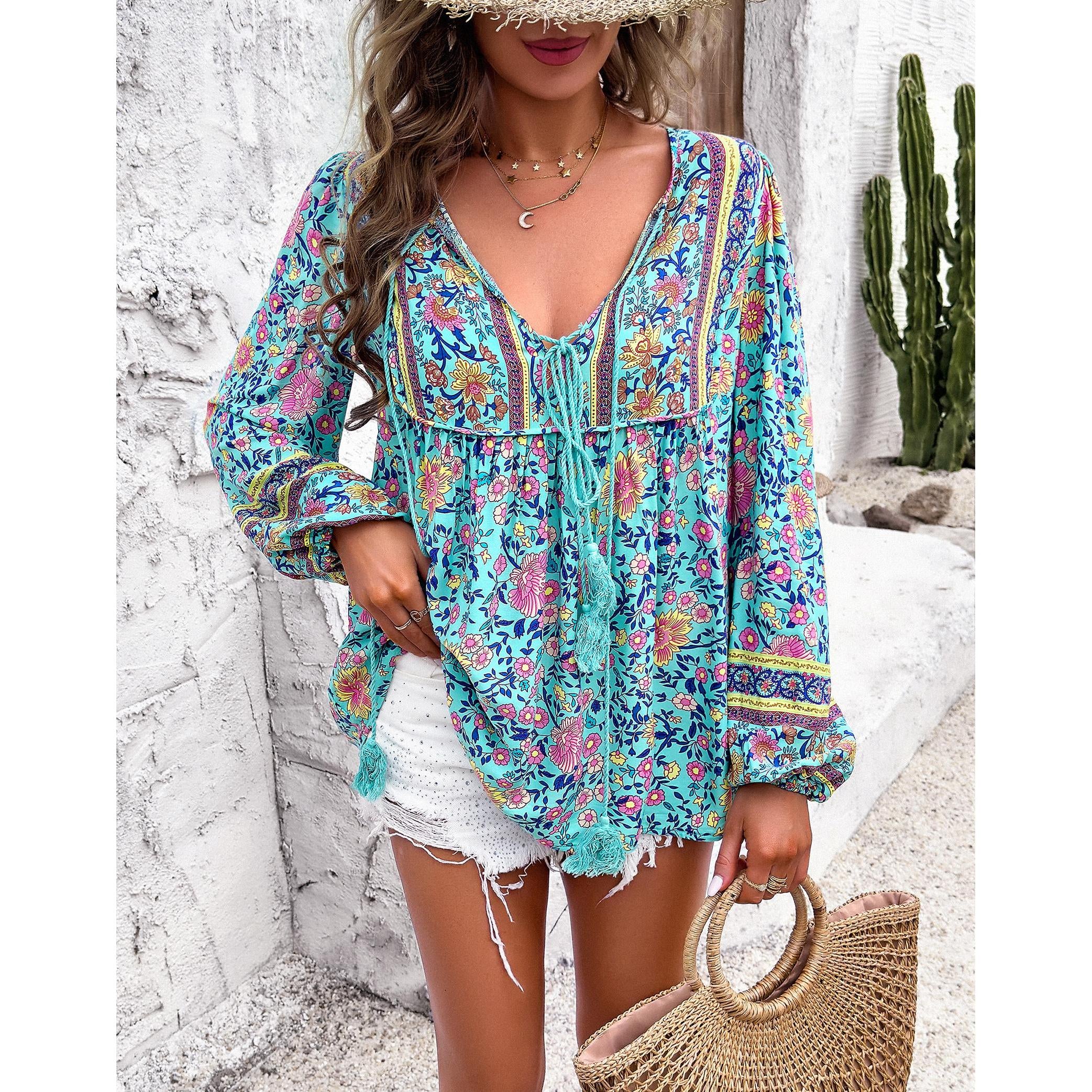 Women's Chic Bohemian Floral Print Blouse - Elegant V-Neck Drawstring Tassel Tie, Long Lantern Sleeves, Loose Comfortable Ethnic Shirts for Summer Beach Vacation Style