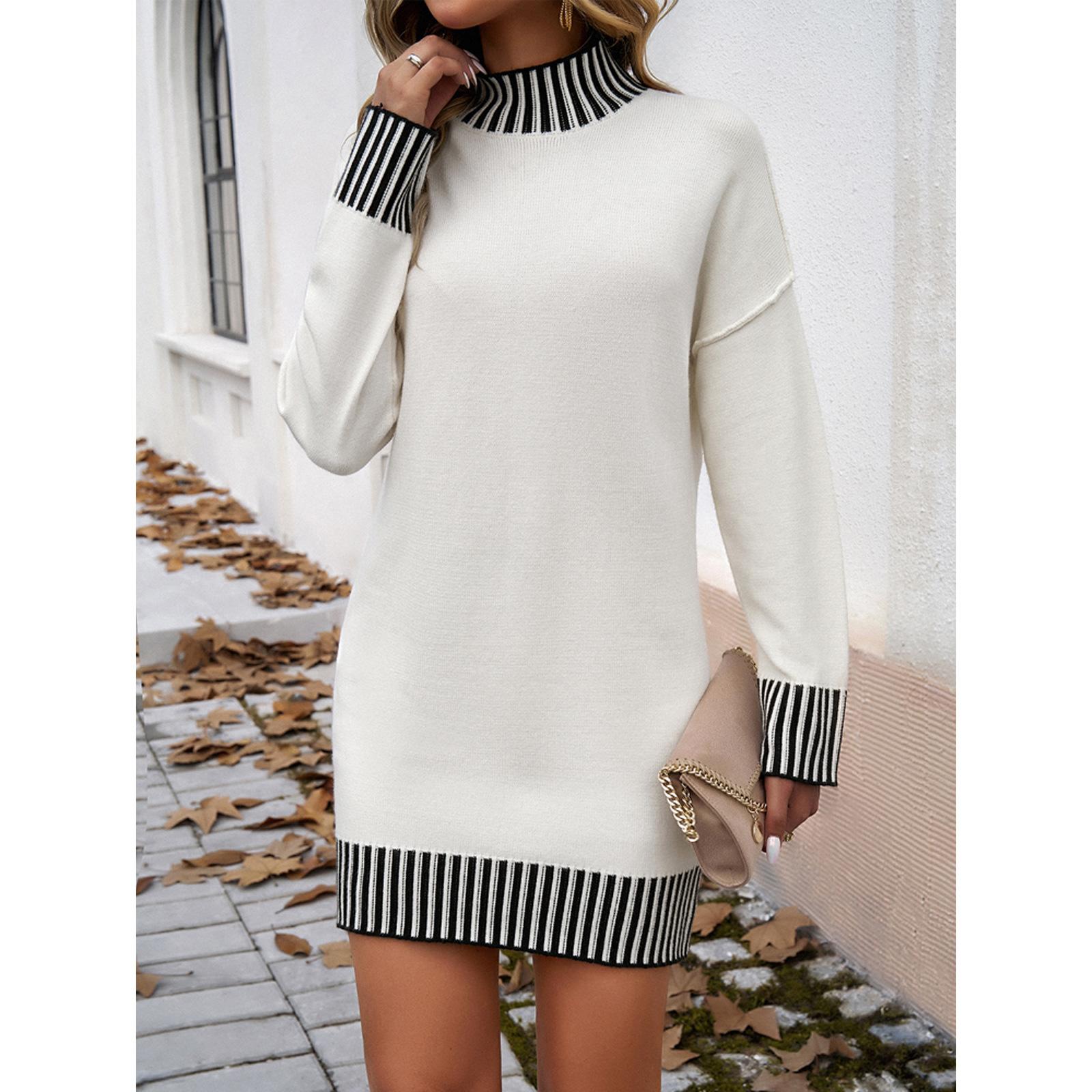 Women's Casual Turtleneck Striped Color Block Knit Mini Dress - Long Sleeve, Loose, Lightweight, Soft, Simple Solid Bottom Dress for Fall Winter, Coat-Friendly Outdoor Wear