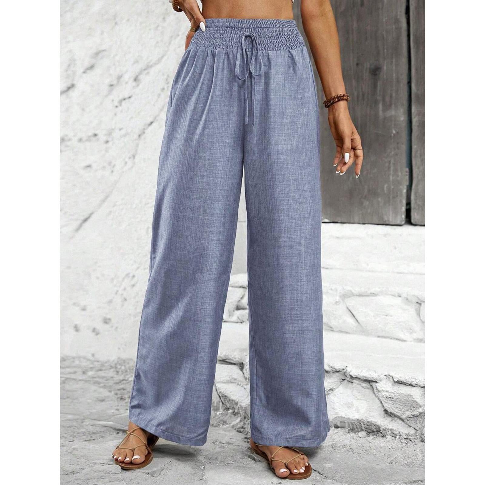 Women's Elastic High Waist Breathe-Fabric Wide Leg Pants - Adjustable Drawstring, Flowing Cut Casual Outfits Women Summer Beach Trousers