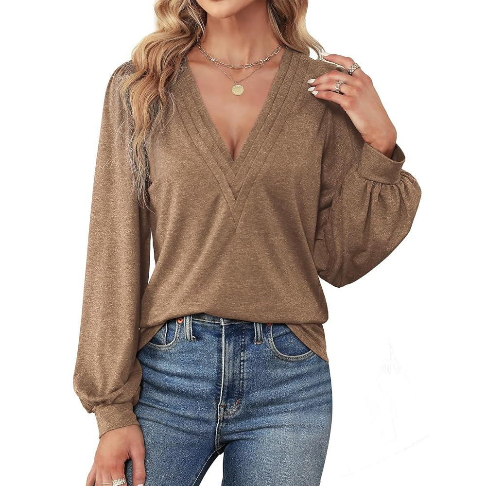 Women's Feminine Knit Deep V-Neck Long Sleeve Blouses - Puff Lantern Sleeves, Pleated Front, Basic Comfy Stretchy Solid Color Loose Fit Casual Shirts for Daily Wear