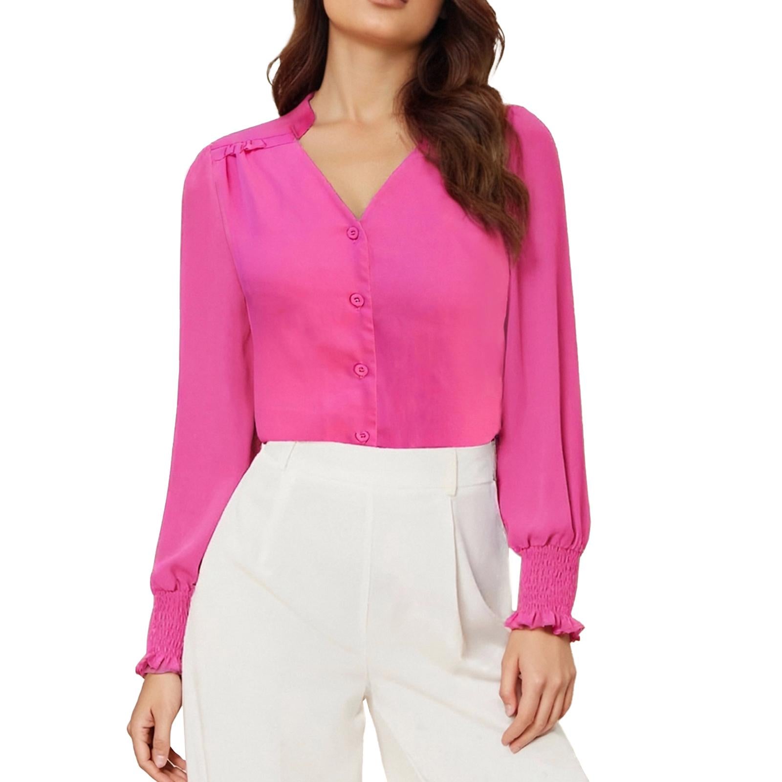 Women's V-Neck Ruffle Collar Long Sleeve Blouse, Smocked Cuff Button Down Puff Sleeve Elegant Work Chiffon Top