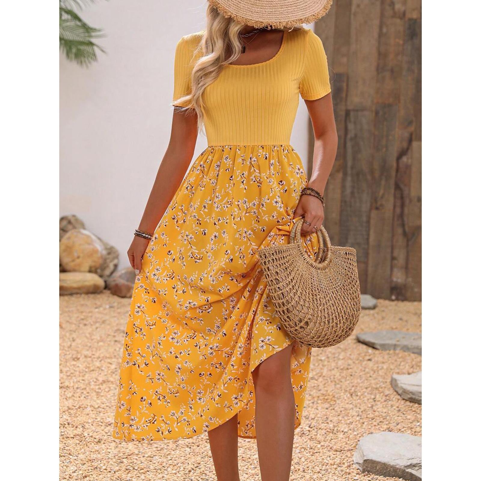 Women's Square Neck Short Sleeve Ribbed Knit High Waist Flowy Boho Midi Dress - Floral Accents Casual Dresses for Daily, Holiday Wear, Women's Dresses