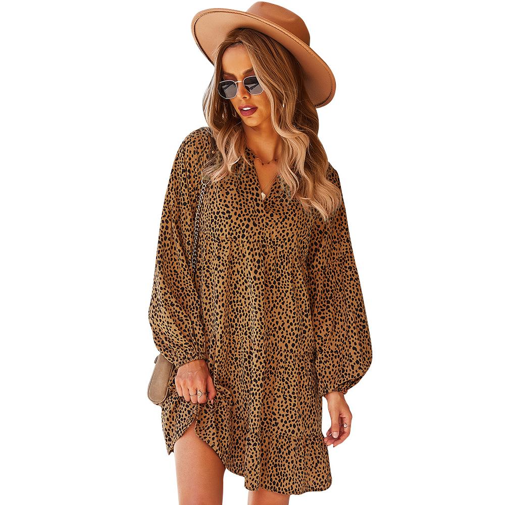 Women's Soft Lightweight Feminine Elastic Bohemian Leopard Speckled Print Long Lantern Sleeve V-Neck Tiered Ruffle Mini Dress - Comfortable Fit, Hip-Loose Flowy Tunic, Casual Wear for Day, Vacation