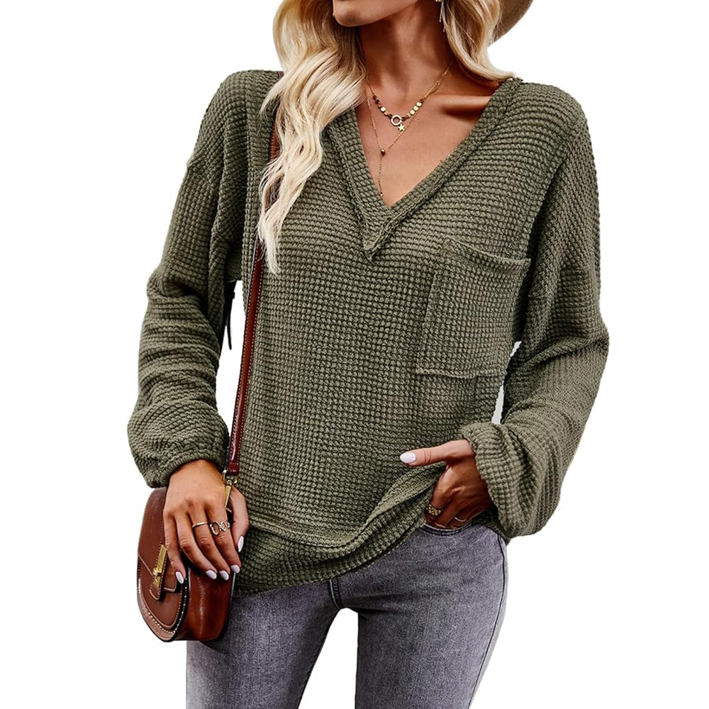 Women's Waffle Knit Raw Edge V-Neck Long Sleeve Blouse with Balloon Cuffs, Casual Loose Fit, Chest Pocket