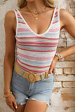 White Stripe Pointelle Knit V Neck Tank Top