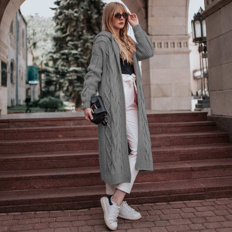 Women Solid Hooded Long Cardigan Sweater Twist Knitted Sweater