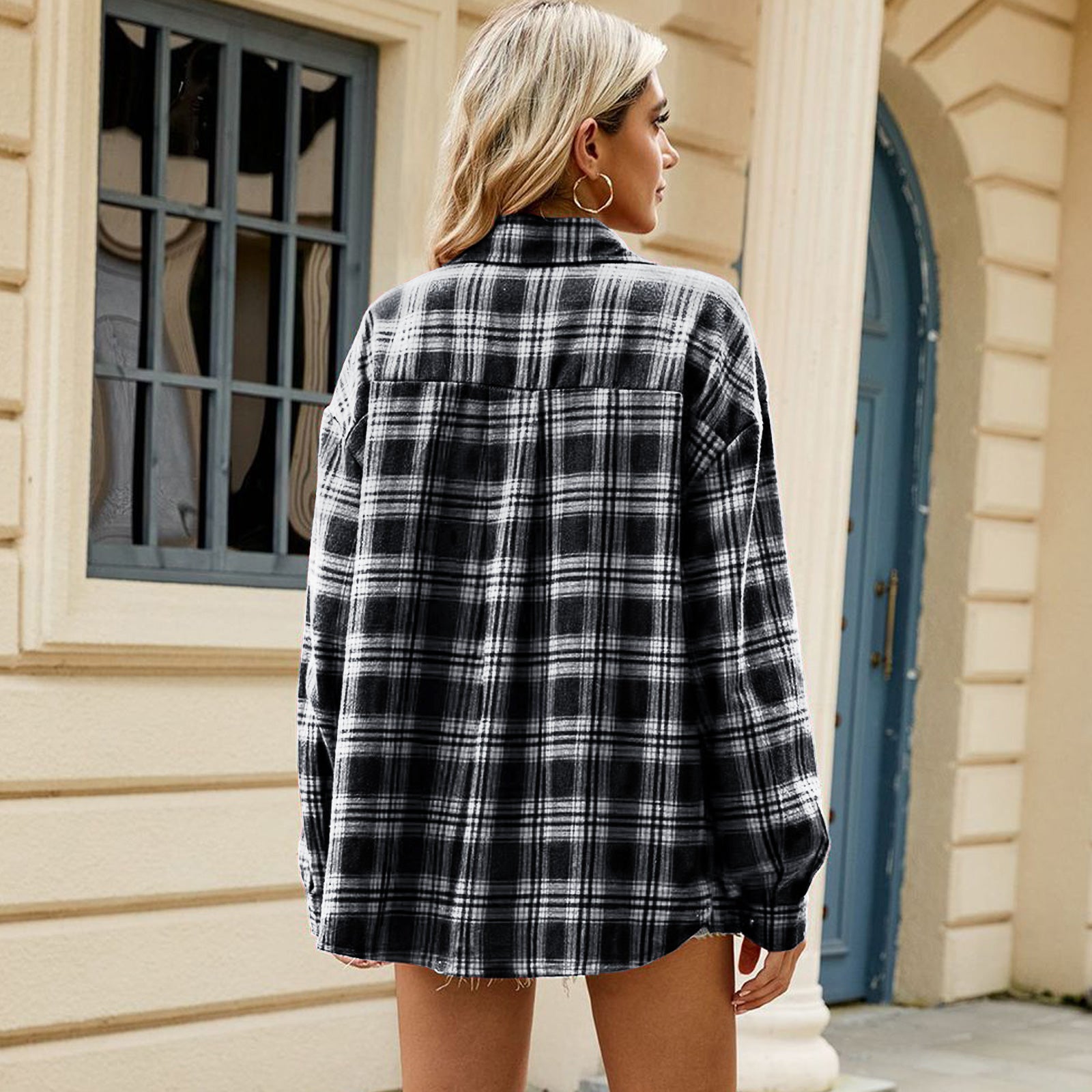 Lapel Long Sleeve Pocket Button Plaid Shirt Top Women