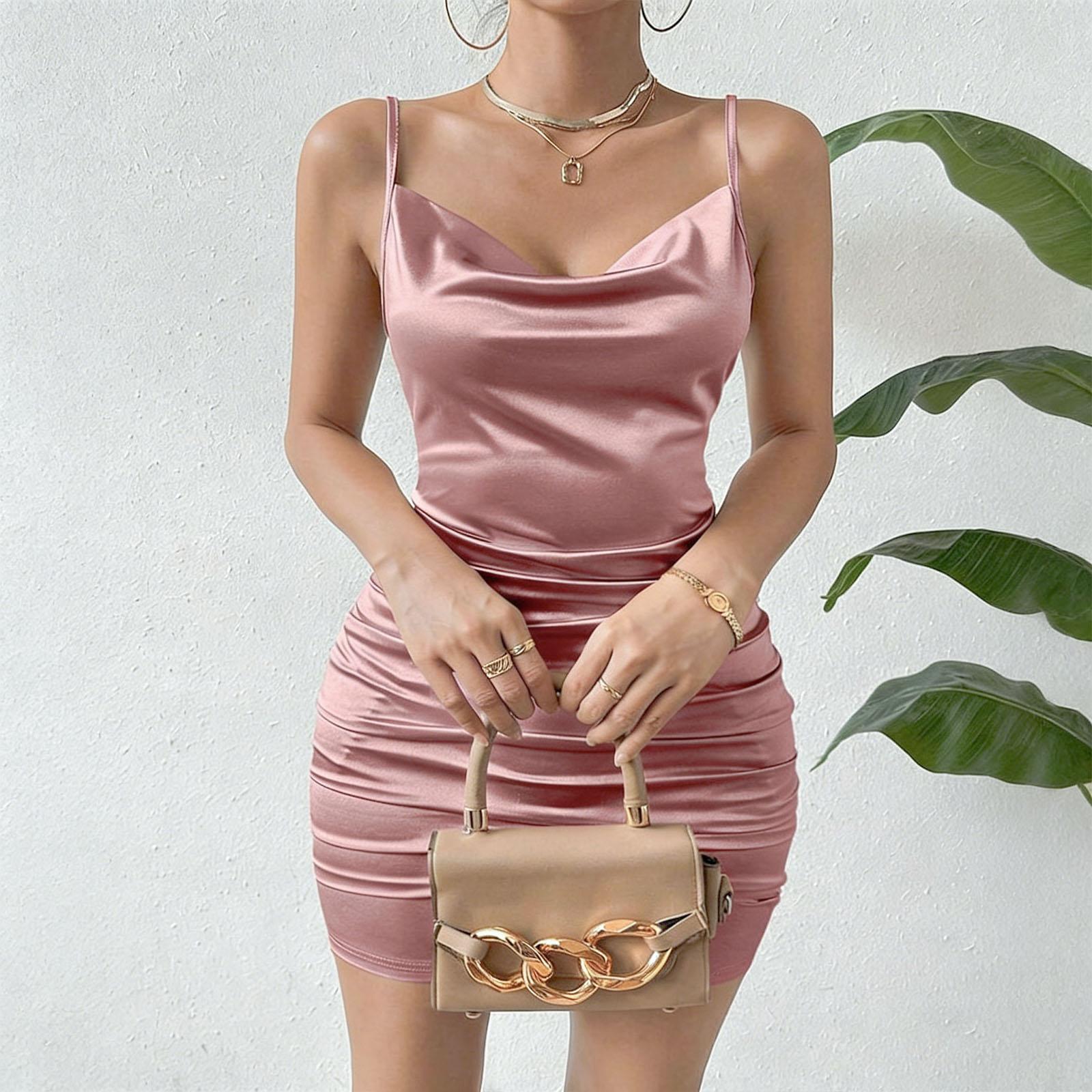 Women's Thin Comfortable Satin Cowl Neck Cami Mini Dress - Backless, Adjustable Spaghetti Straps, Ruched Bodycon for Prom, Cocktail, Evening Party
