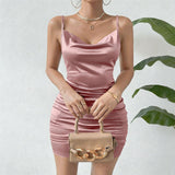 Women's Thin Comfortable Satin Cowl Neck Cami Mini Dress - Backless, Adjustable Spaghetti Straps, Ruched Bodycon for Prom, Cocktail, Evening Party