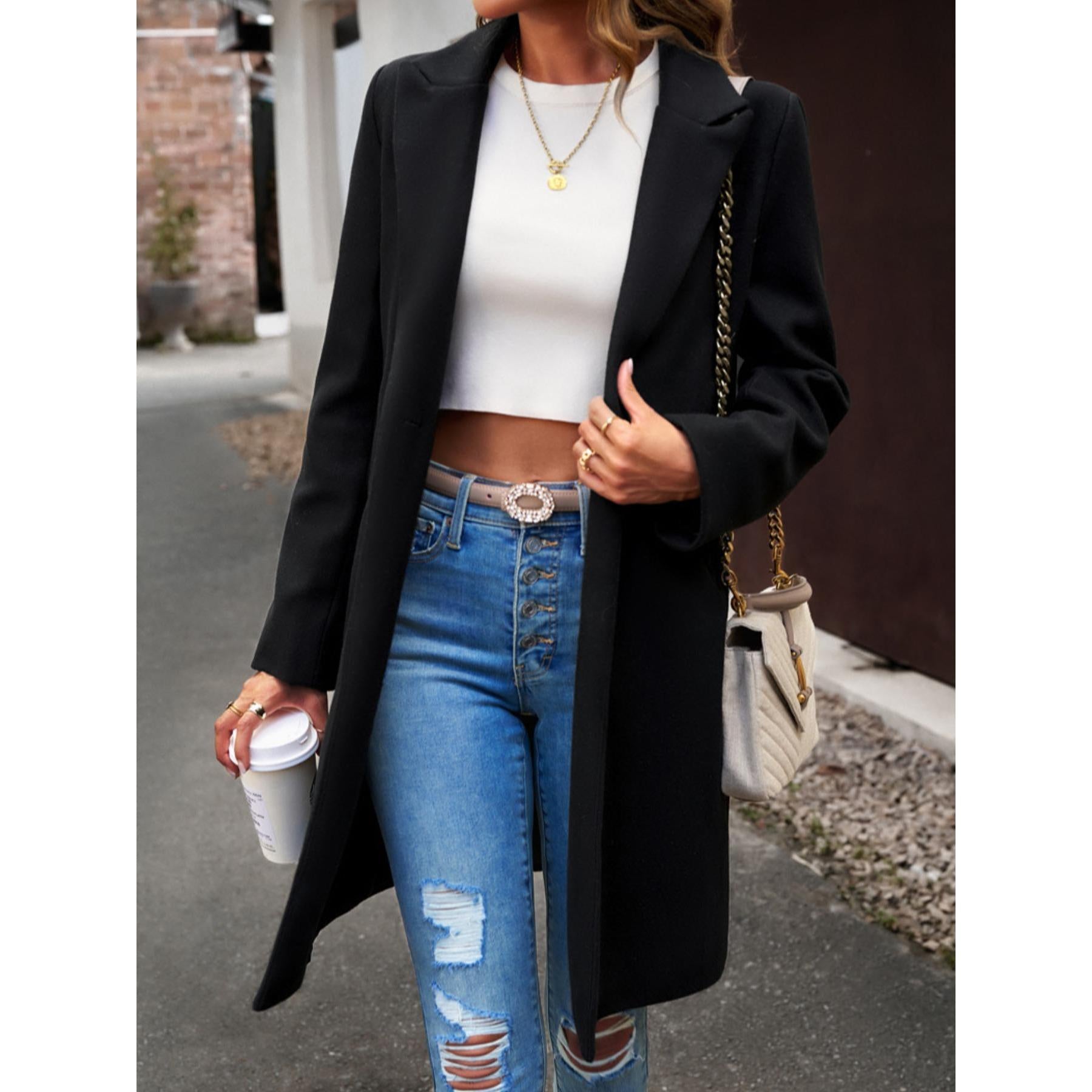 Women Lapel Open Front Mid Length Wool Blend Coat, Elegant Long Sleeve Casual Outerwear for Fall Winter, 2 Colors Wine Red / Black