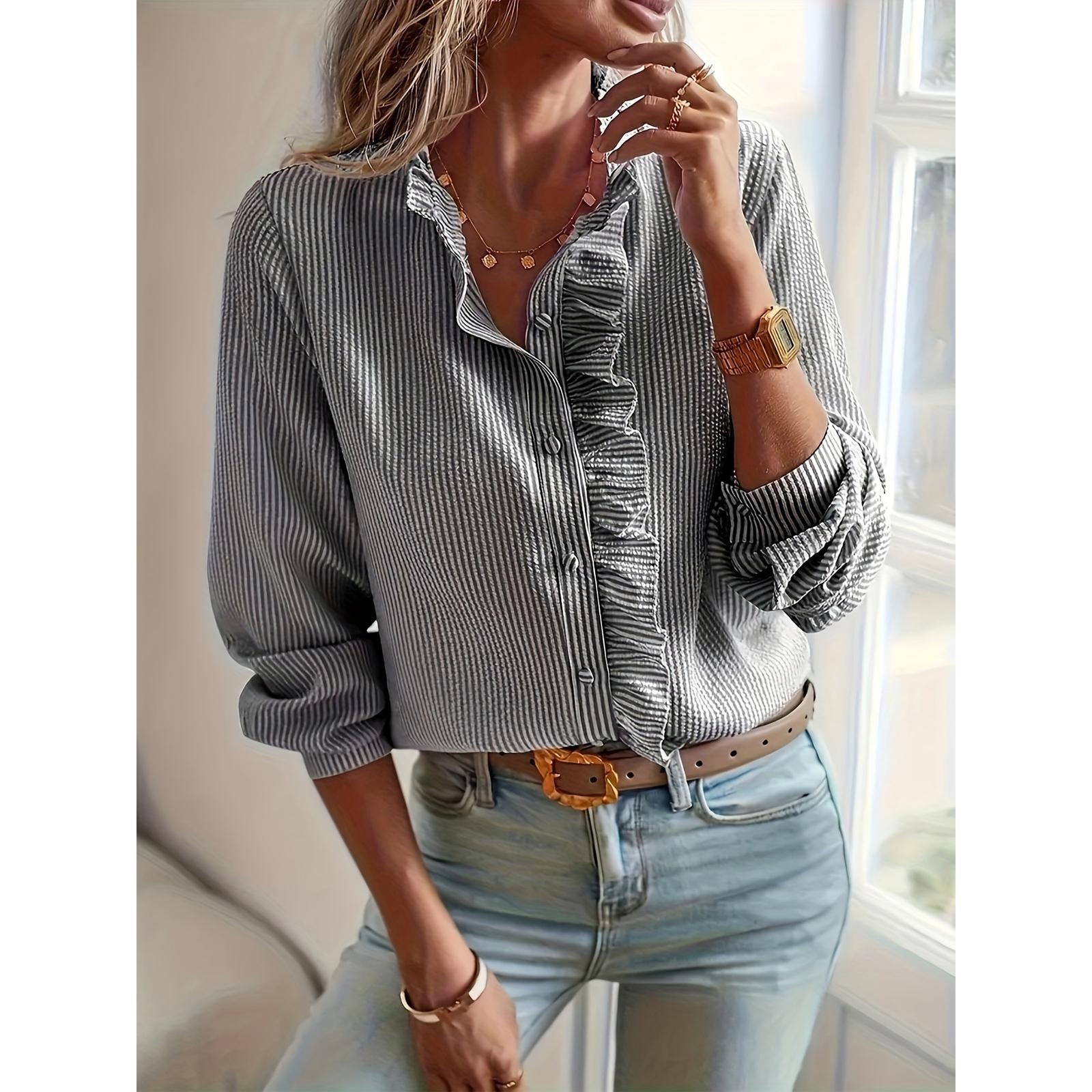 Women's Striped Stand-Collar Blouse - Ruffled Trim, Long Sleeves, Button-Front Top, Elegant Style Piece for Everyday Casual Commuting, Pair with Jeans